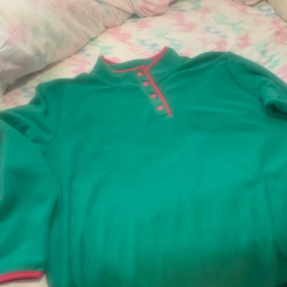 Green Pullover with Pink Accents